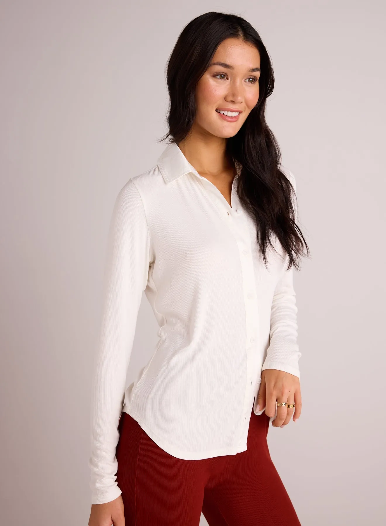 Long Sleeve Rib Mix Shirt - Winter White