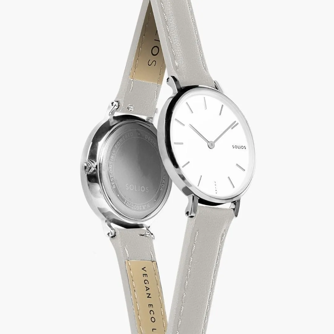Mini Solar Watch with White & Silver Dial  | Grey Vegan Leather Strap