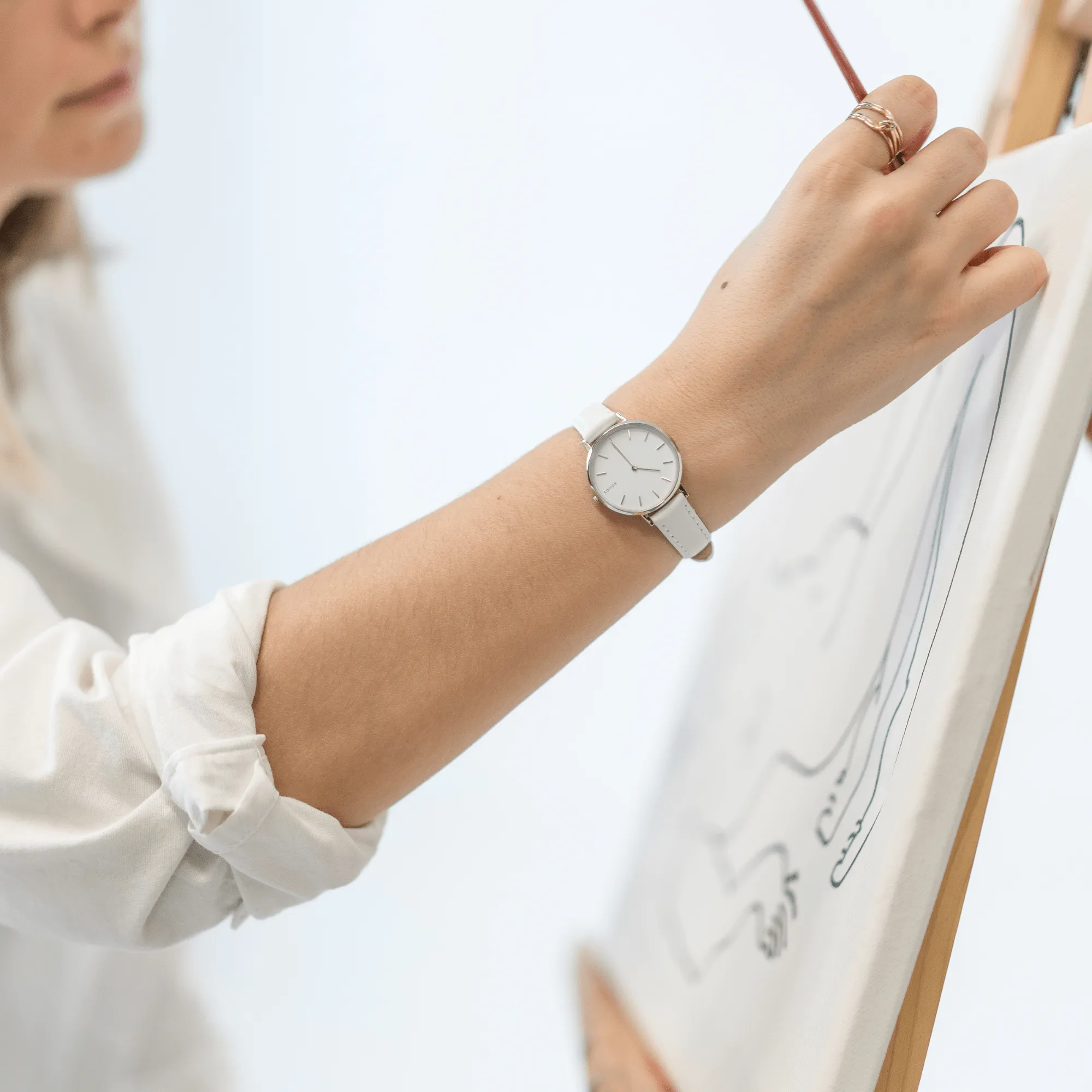 Mini Solar Watch with White & Silver Dial  | Grey Vegan Leather Strap