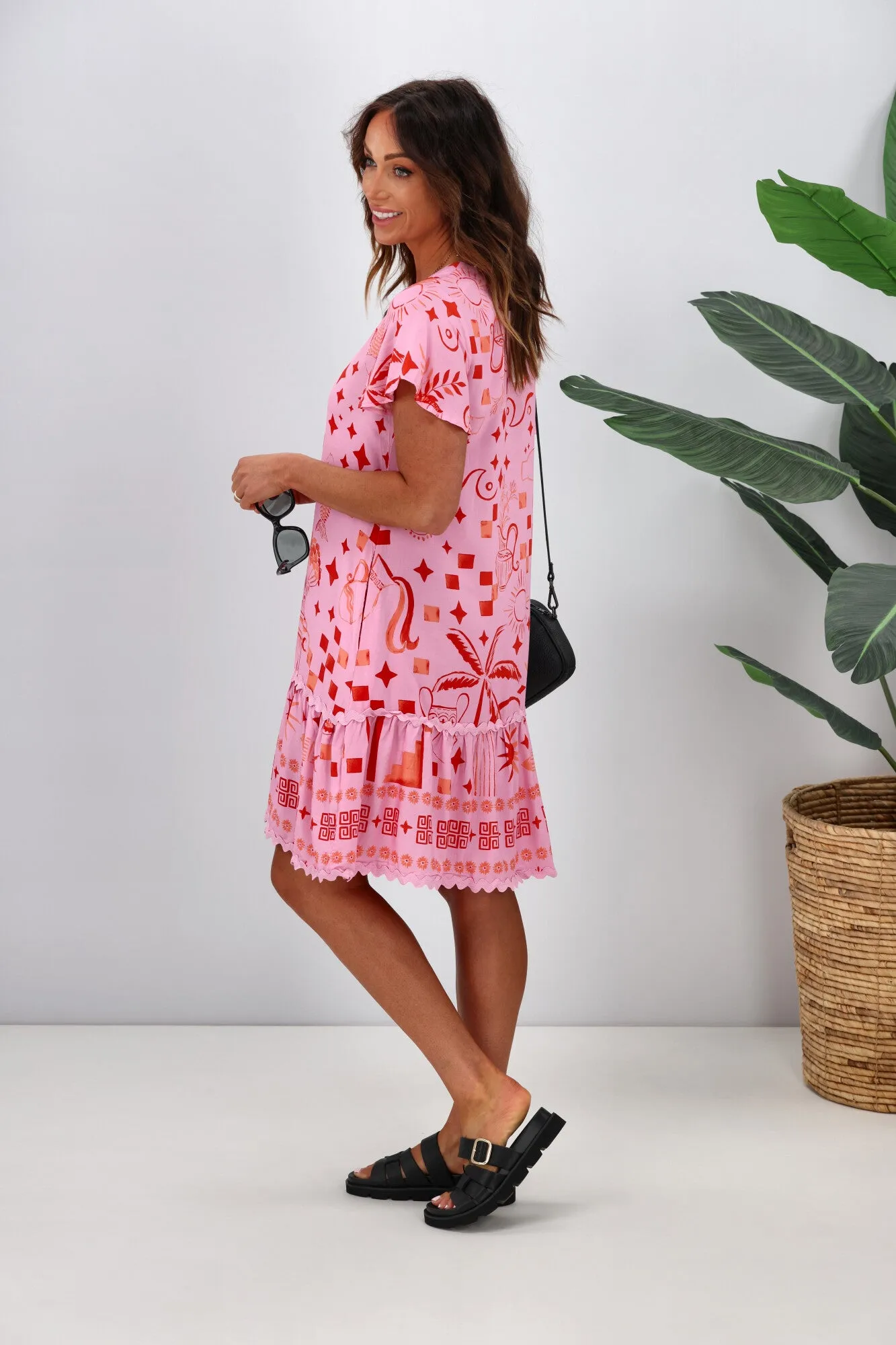 Miss Marlow Noosa Palm Drop Hem Dress Pink