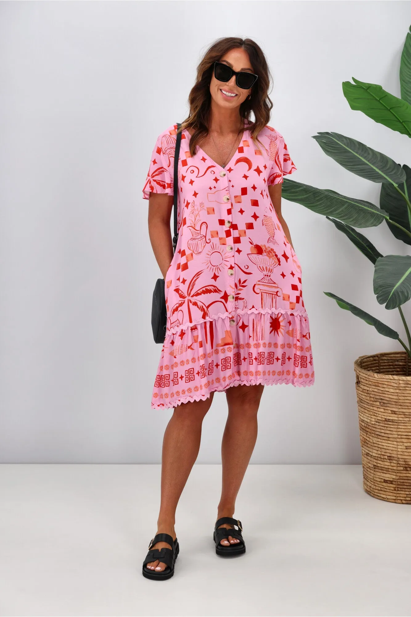Miss Marlow Noosa Palm Drop Hem Dress Pink