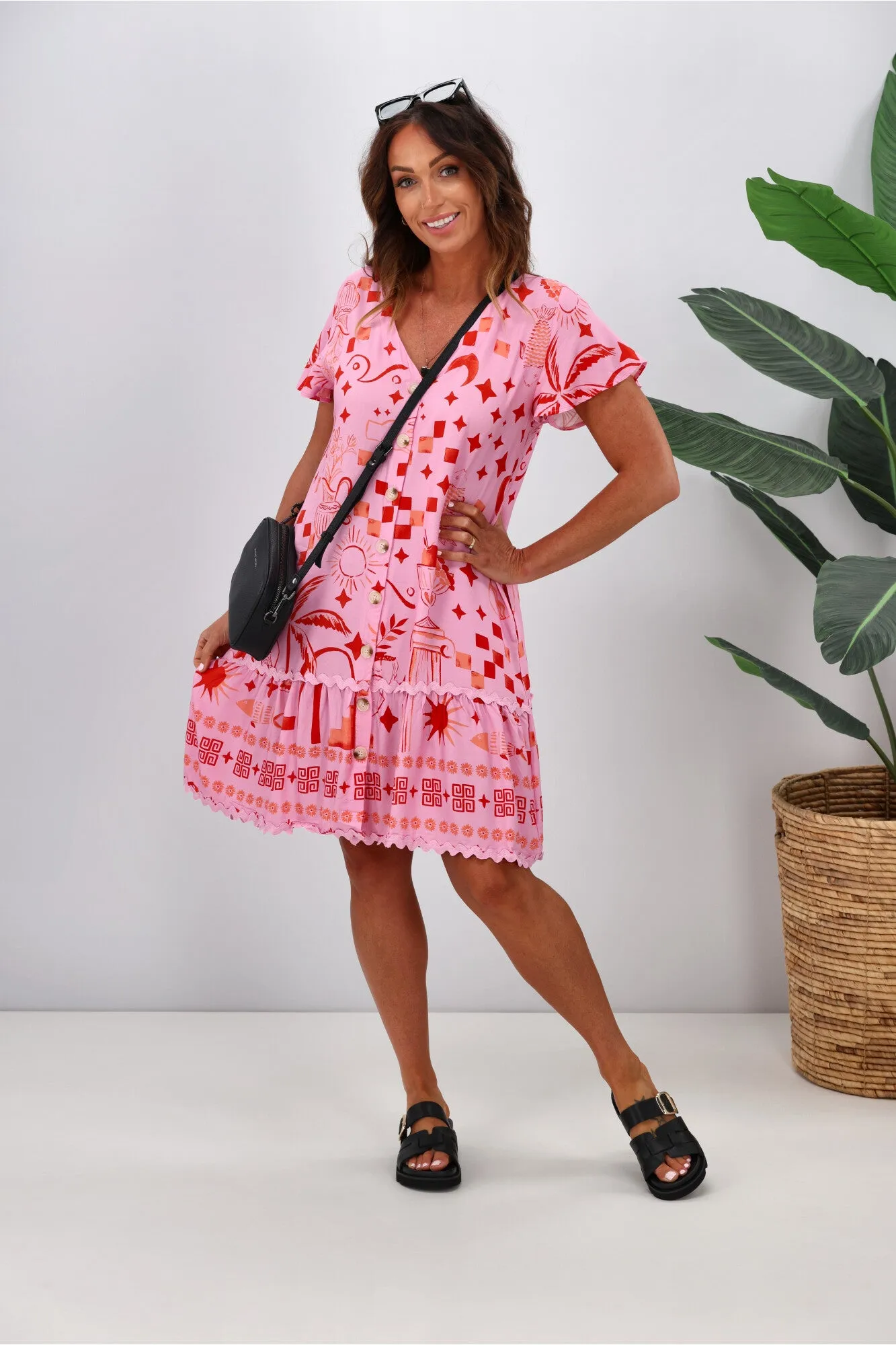 Miss Marlow Noosa Palm Drop Hem Dress Pink