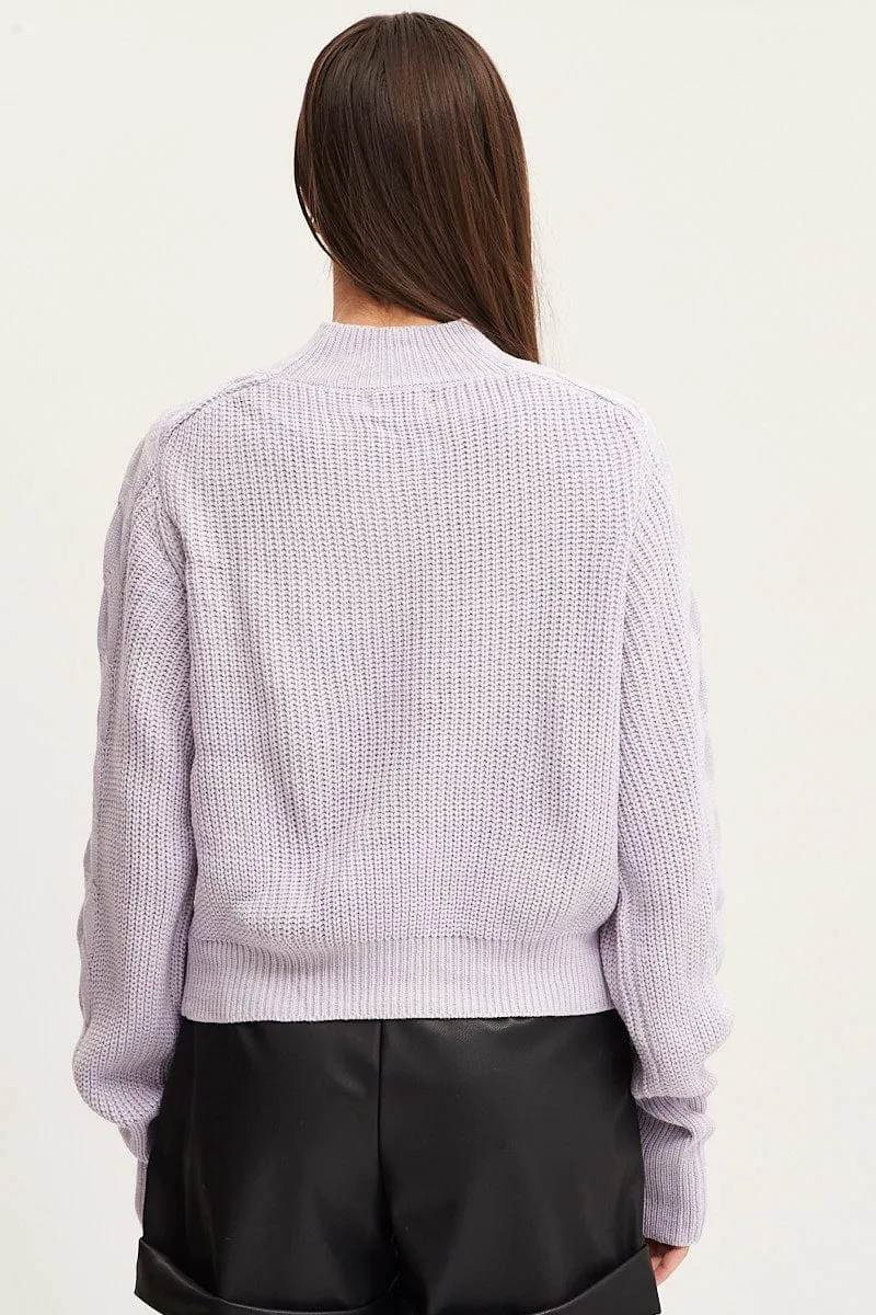 Purple Knit Top Long Sleeve Relaxed Turtleneck Cable