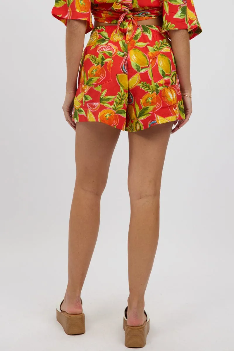 Red Abstract Relaxed Shorts High Rise
