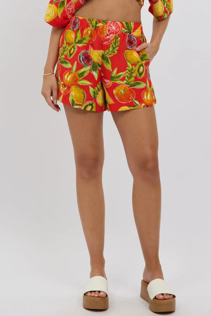 Red Abstract Relaxed Shorts High Rise