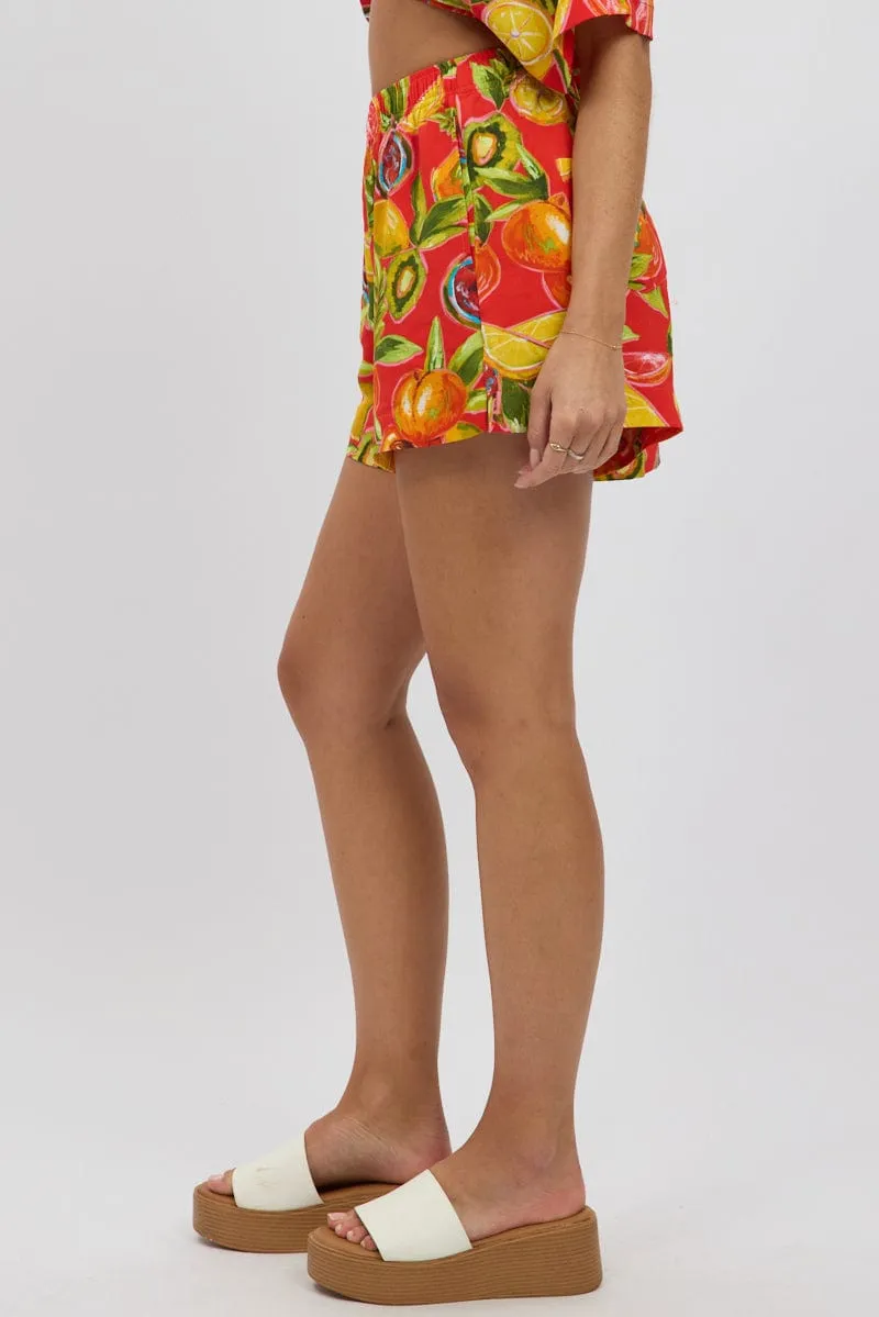 Red Abstract Relaxed Shorts High Rise