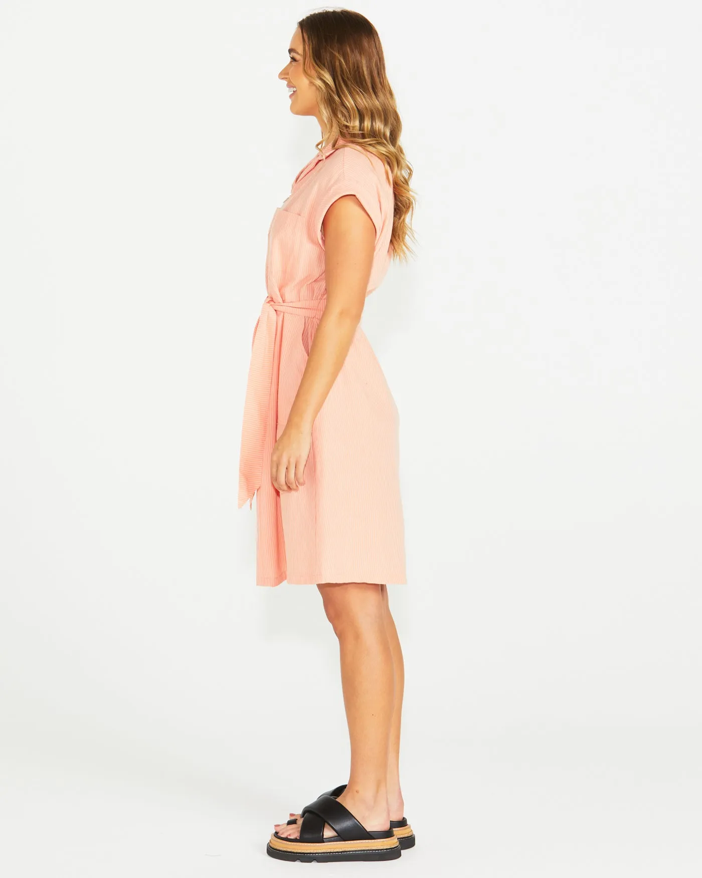 Sass Liberty Utility Dress Neon Peach White Stripe