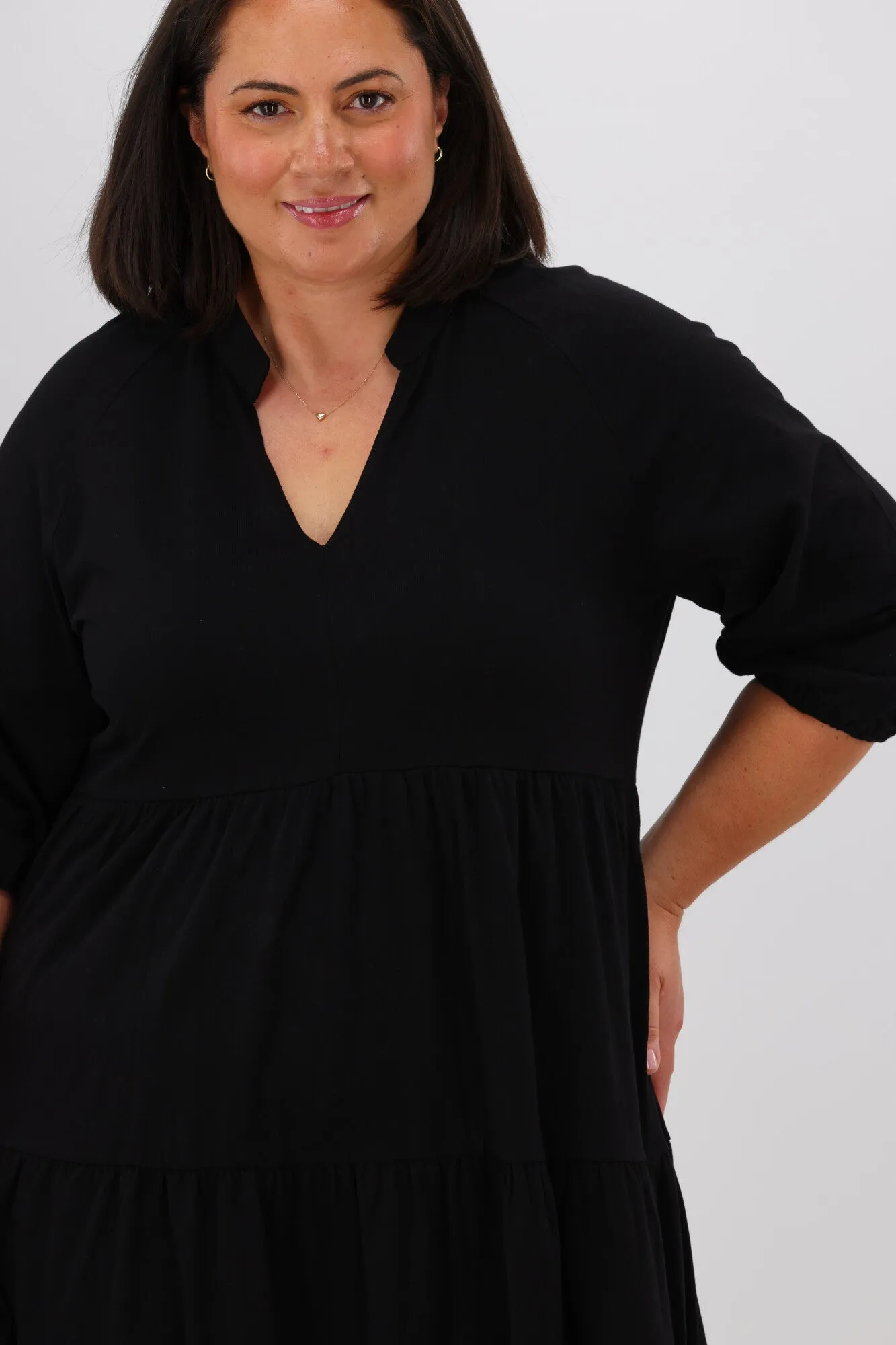 Shine On Essentials 3/4 Sleeve Tiered Dress Black