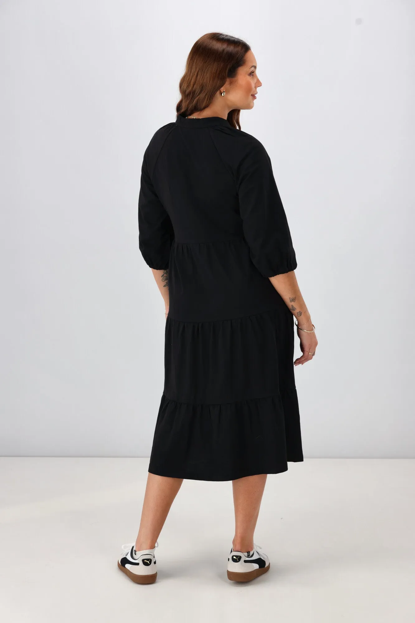 Shine On Essentials 3/4 Sleeve Tiered Dress Black