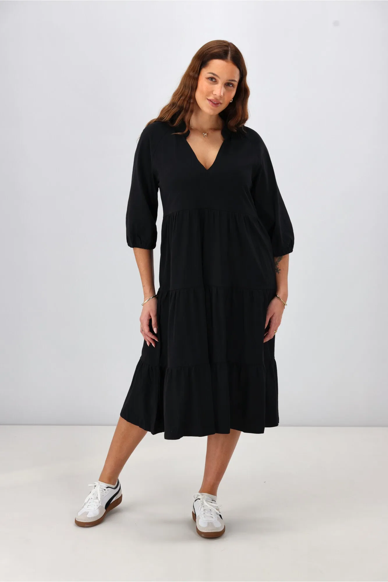 Shine On Essentials 3/4 Sleeve Tiered Dress Black