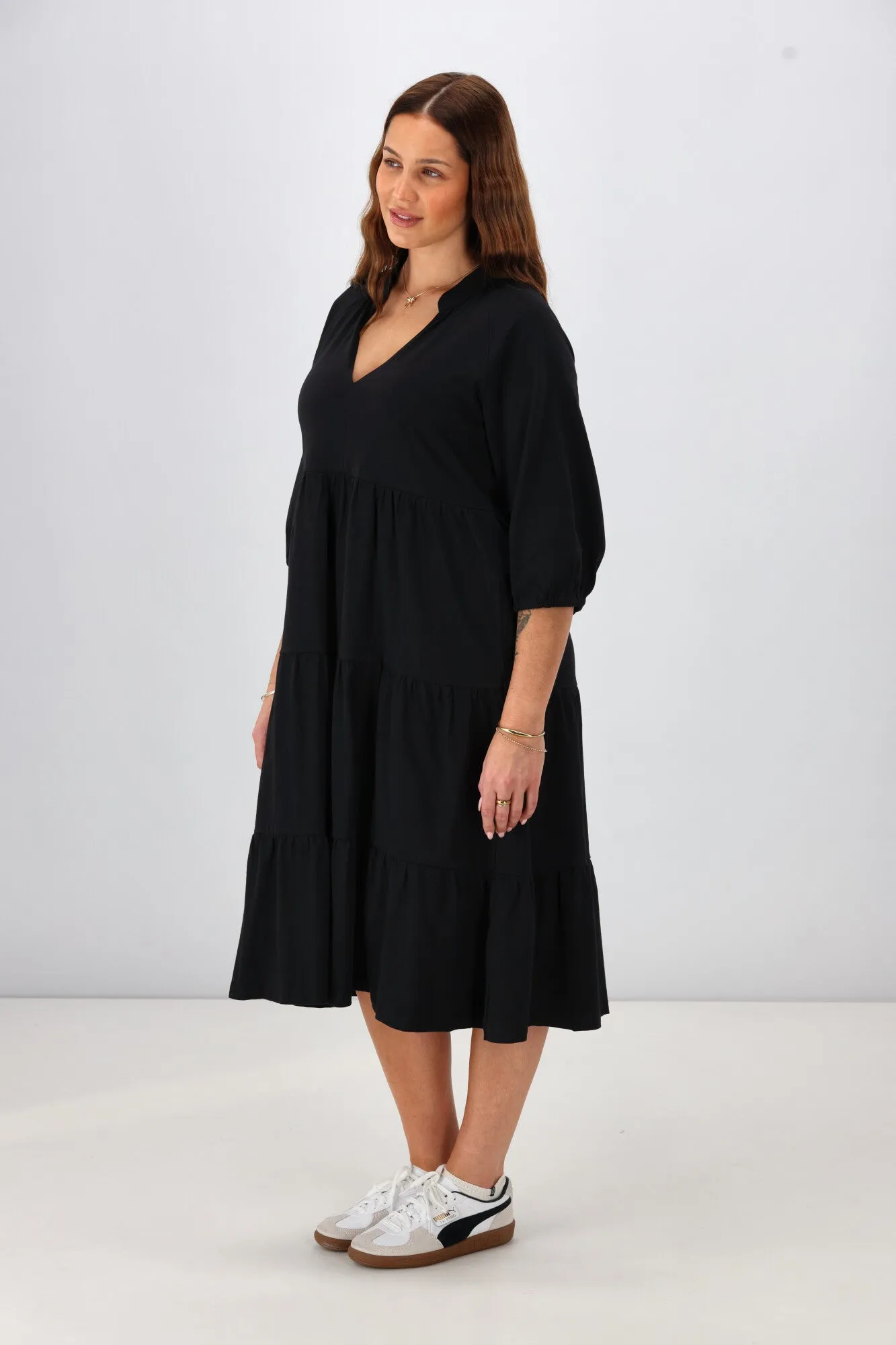 Shine On Essentials 3/4 Sleeve Tiered Dress Black
