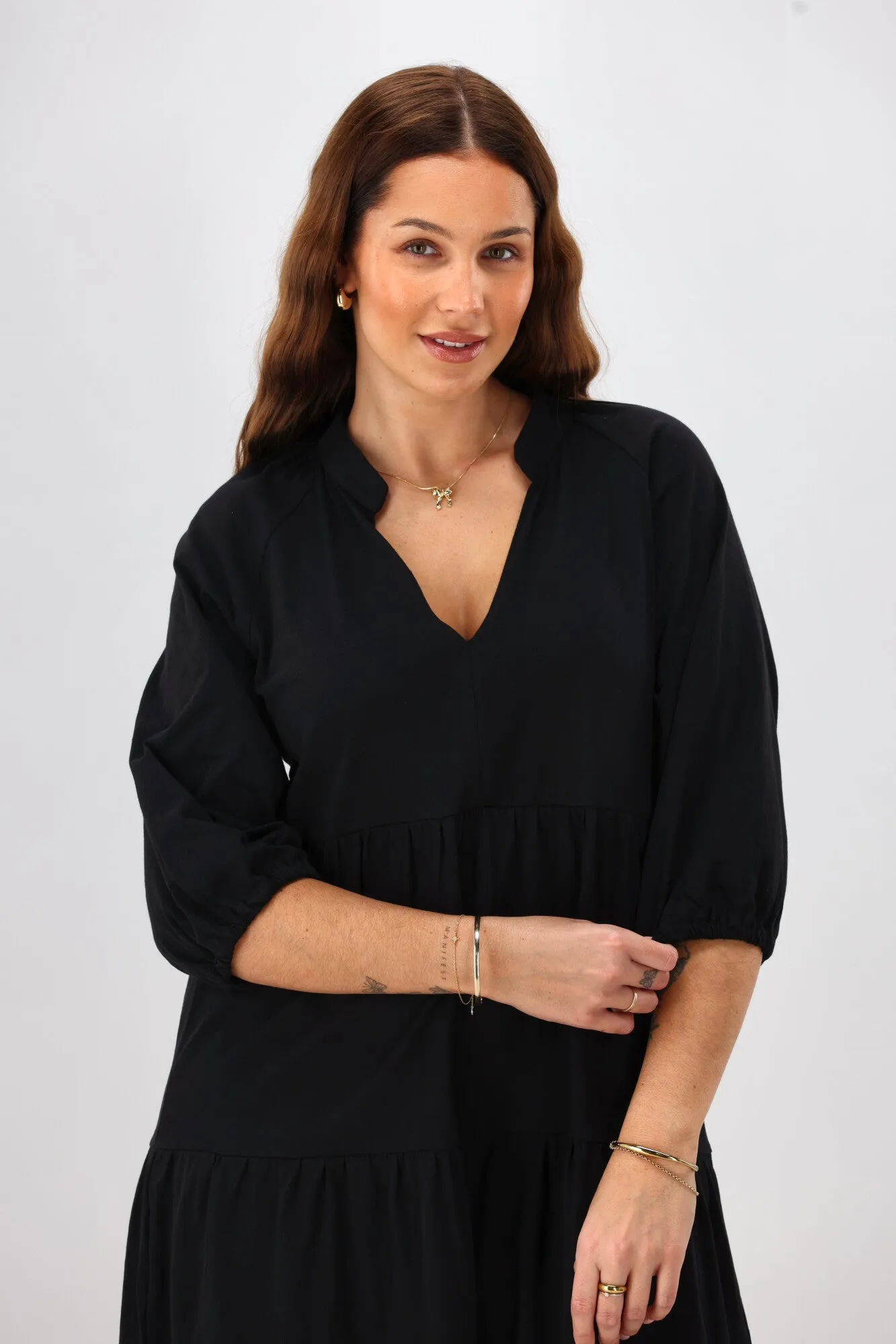 Shine On Essentials 3/4 Sleeve Tiered Dress Black