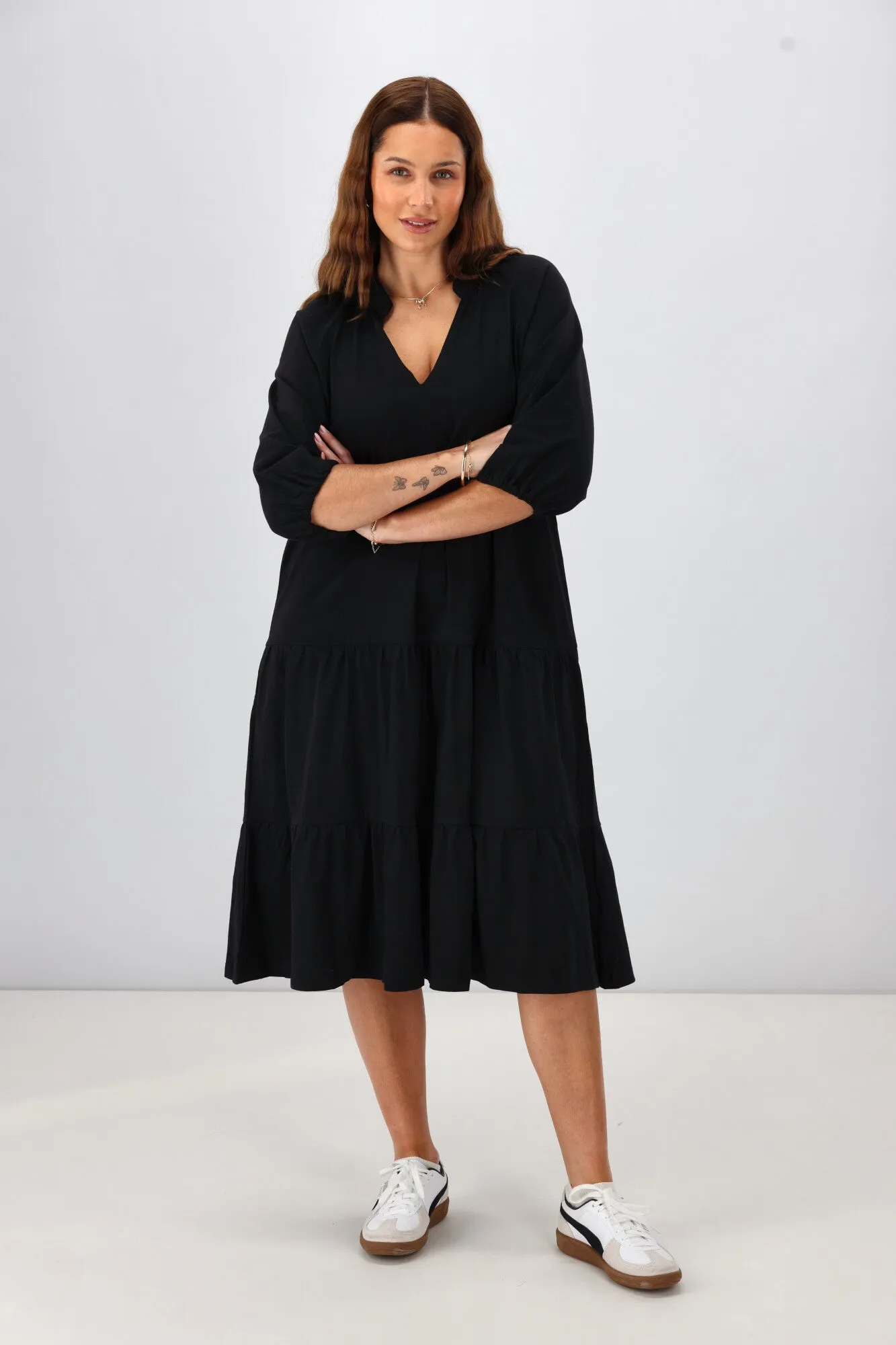 Shine On Essentials 3/4 Sleeve Tiered Dress Black