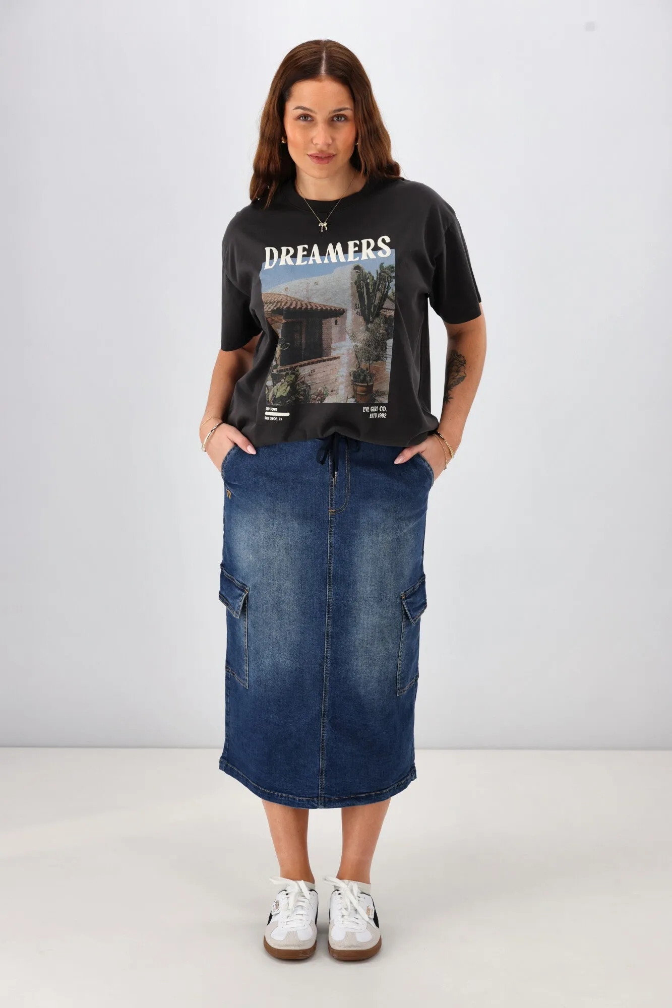 Shine On Label Horizon Denim Cargo Skirt Indigo