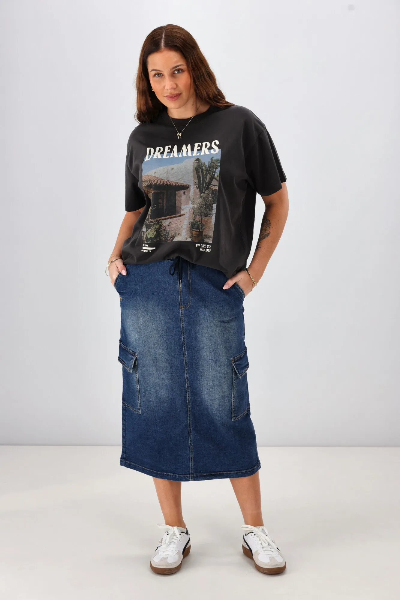 Shine On Label Horizon Denim Cargo Skirt Indigo