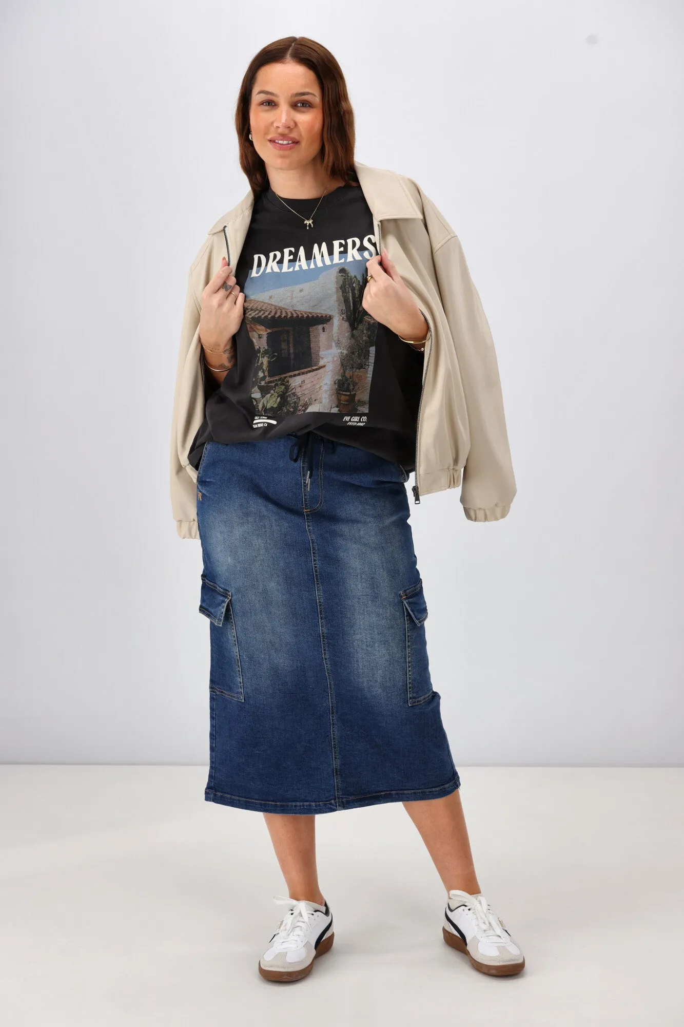 Shine On Label Horizon Denim Cargo Skirt Indigo