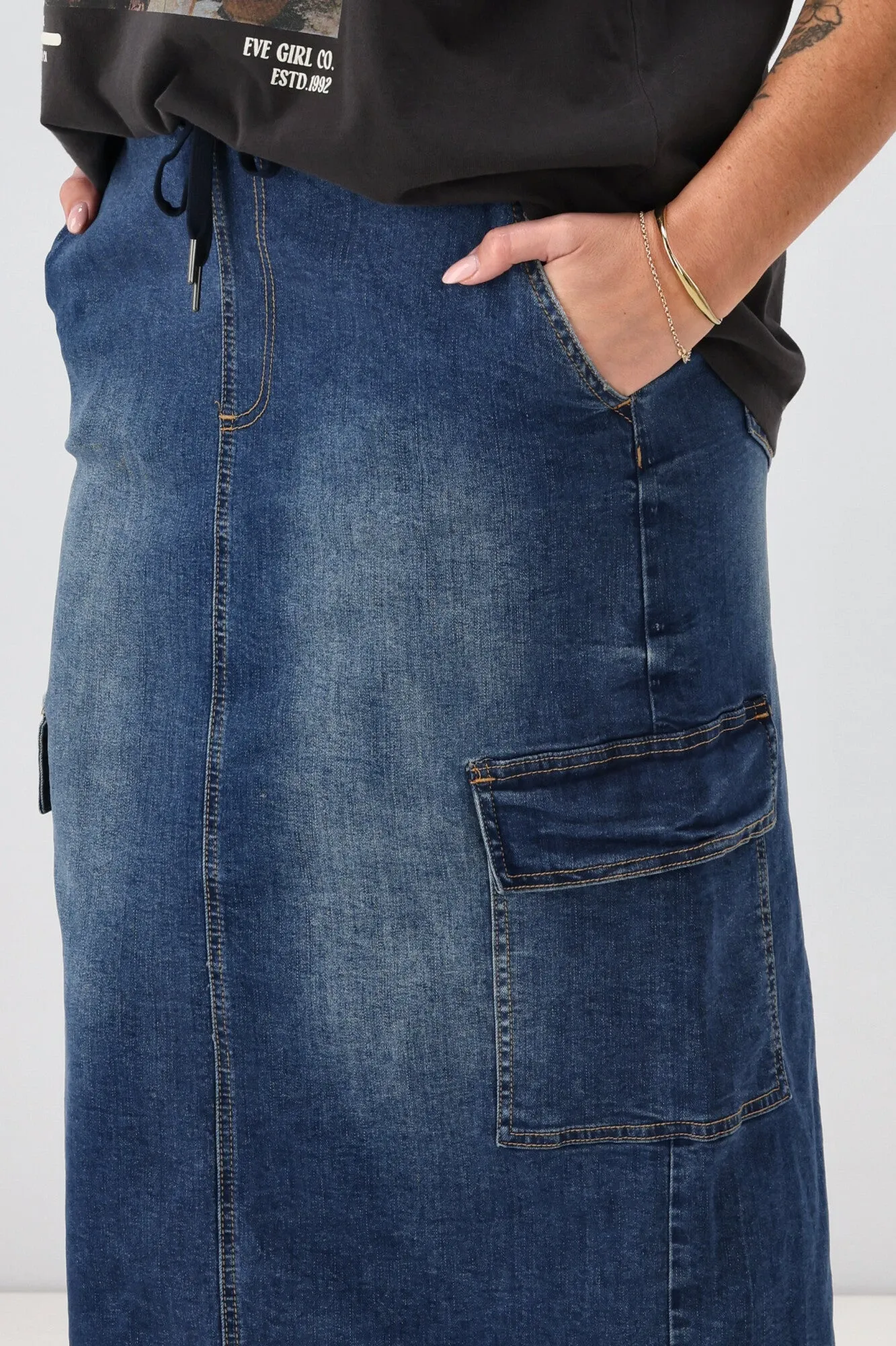 Shine On Label Horizon Denim Cargo Skirt Indigo