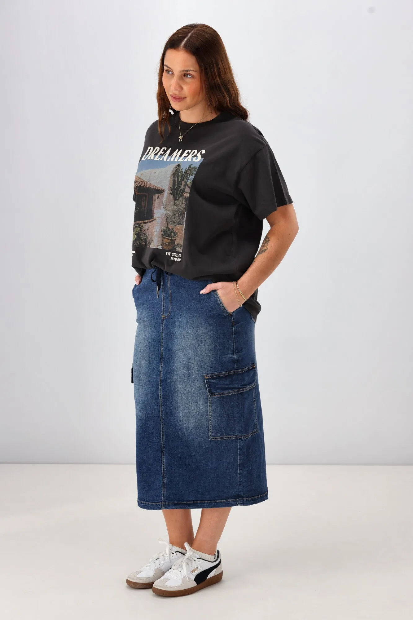 Shine On Label Horizon Denim Cargo Skirt Indigo
