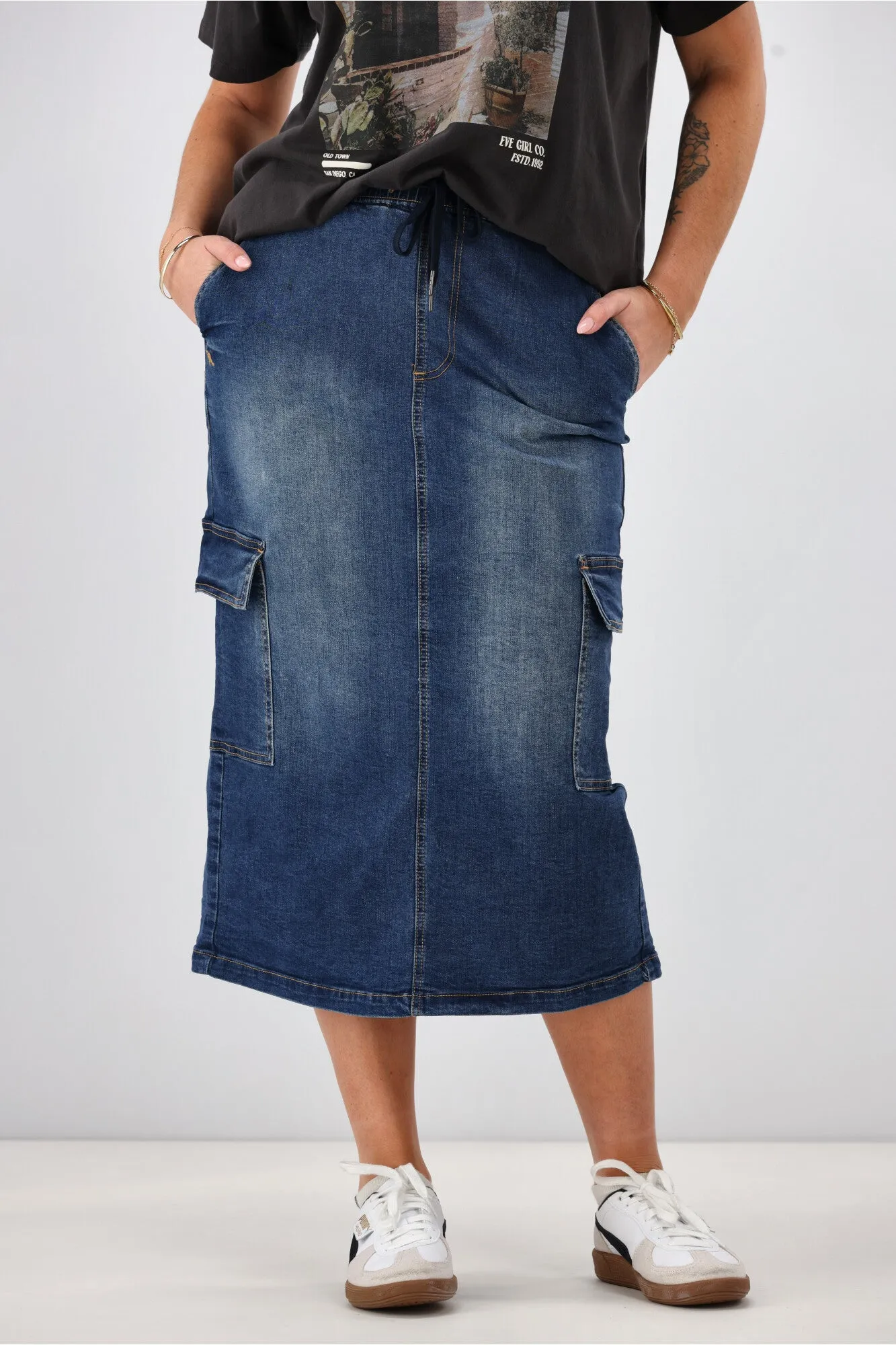 Shine On Label Horizon Denim Cargo Skirt Indigo
