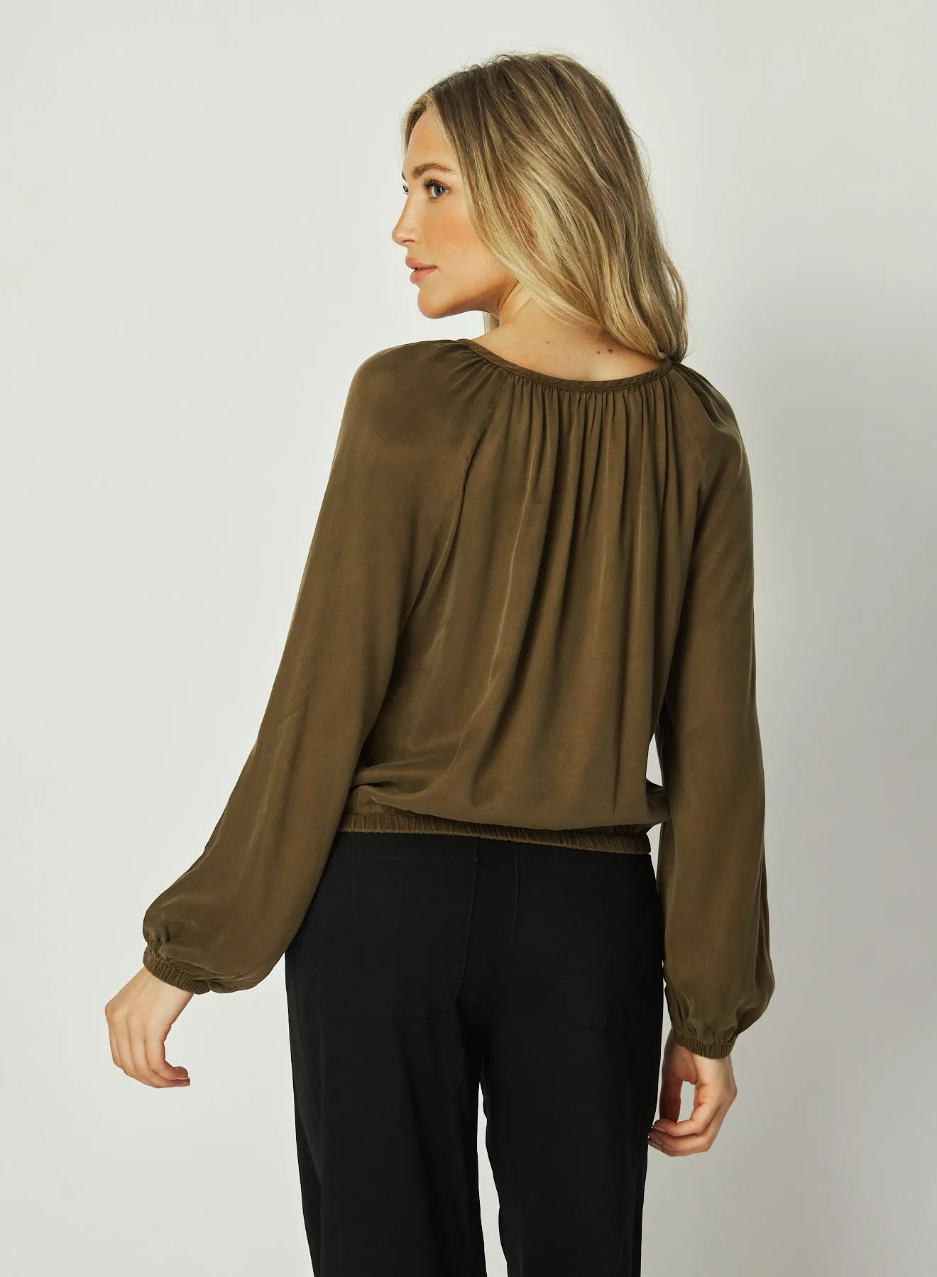 Shirred Button Front Blouse - Autumn Olive