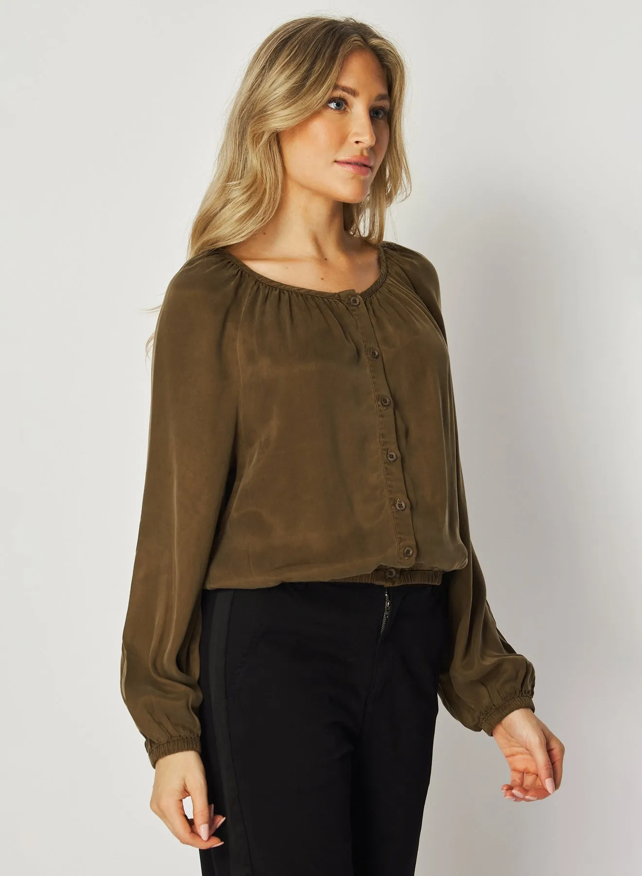 Shirred Button Front Blouse - Autumn Olive