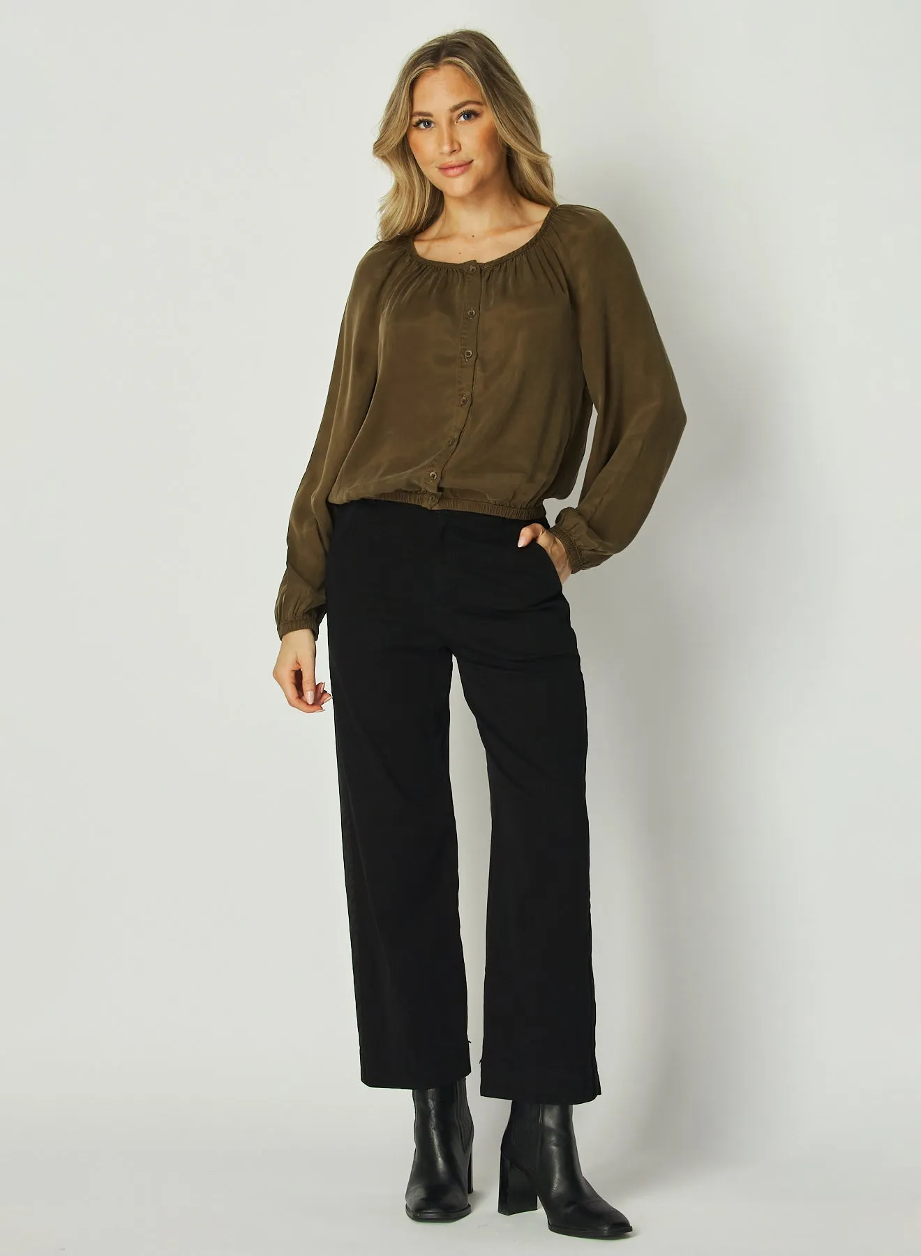 Shirred Button Front Blouse - Autumn Olive