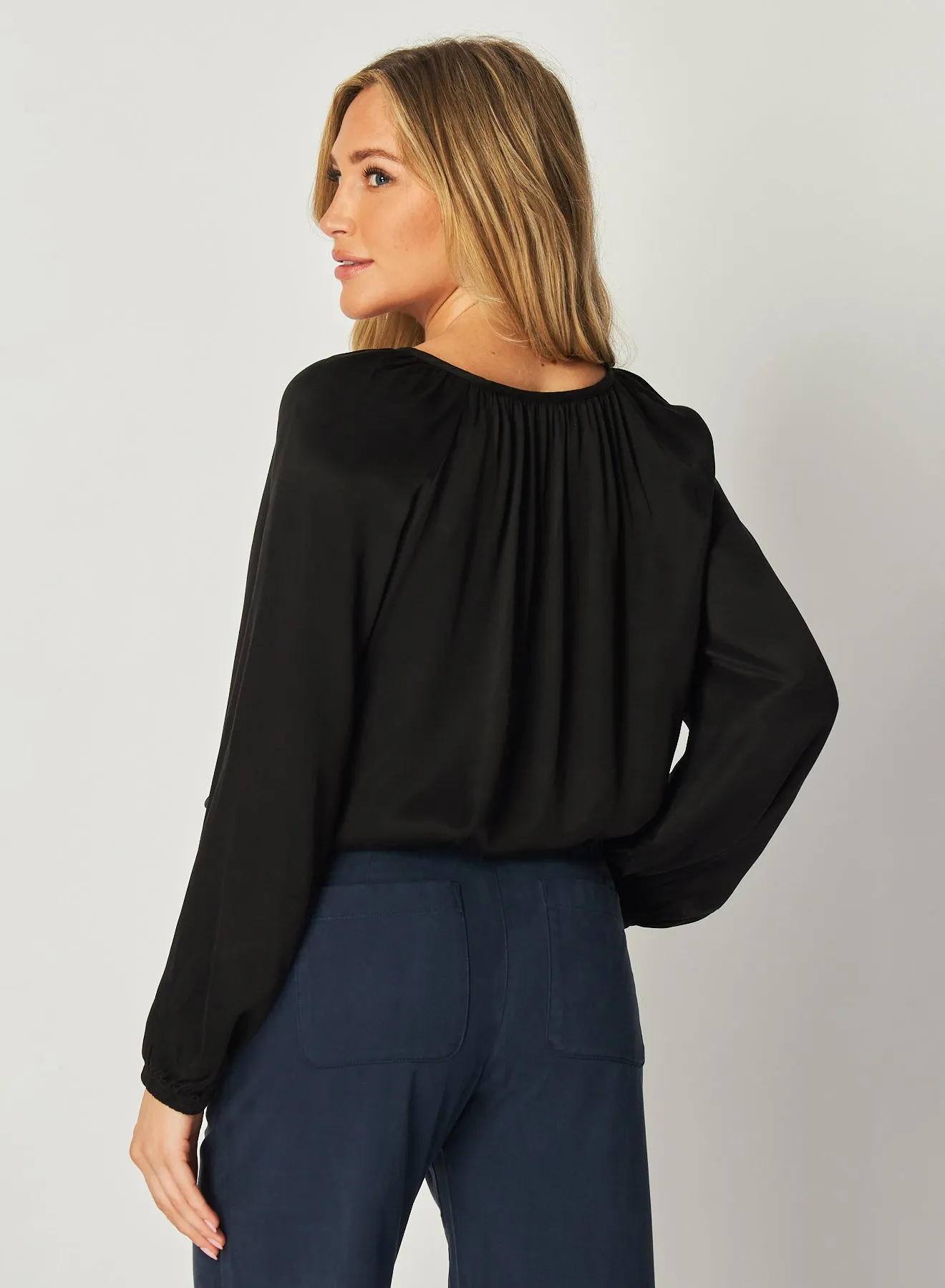 Shirred Button Front Blouse - Black