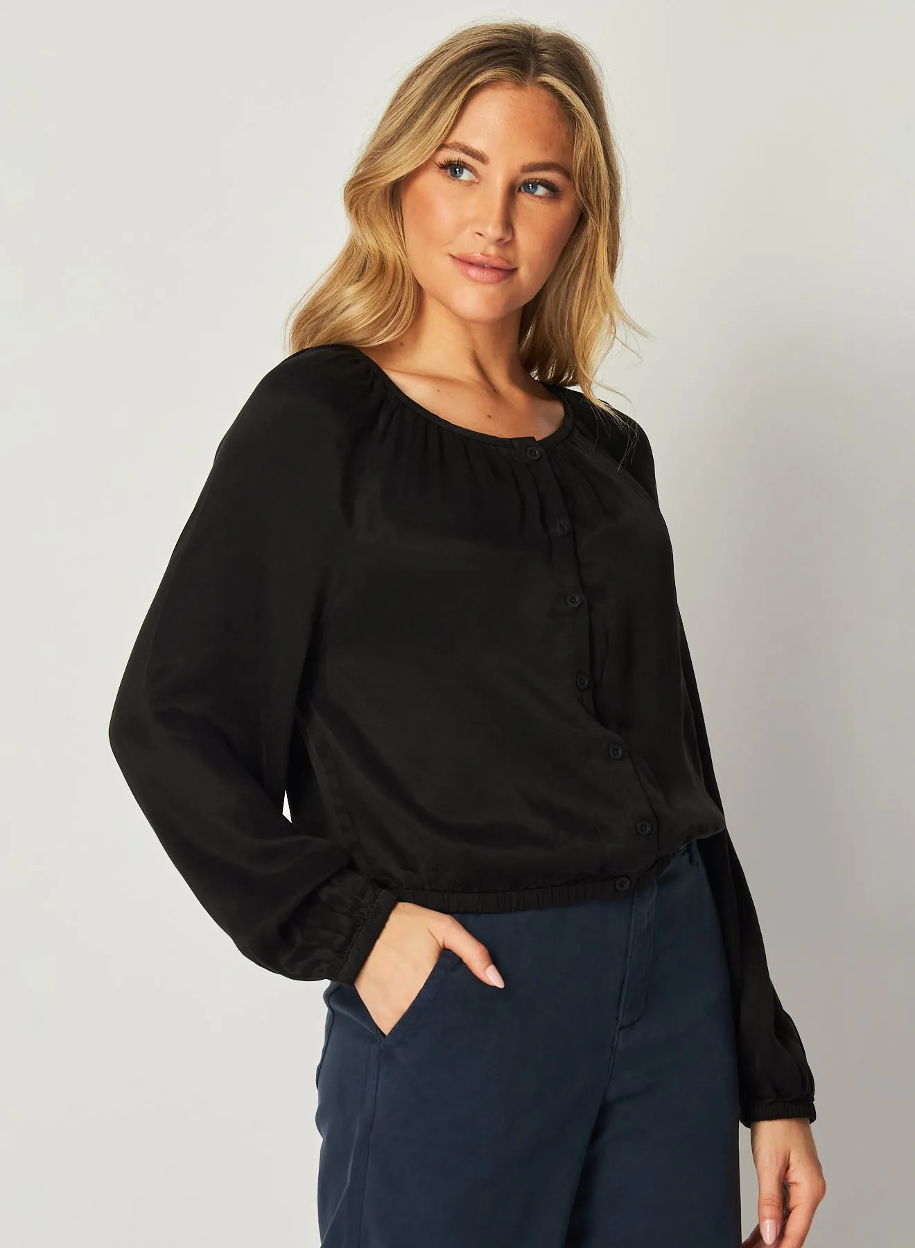 Shirred Button Front Blouse - Black
