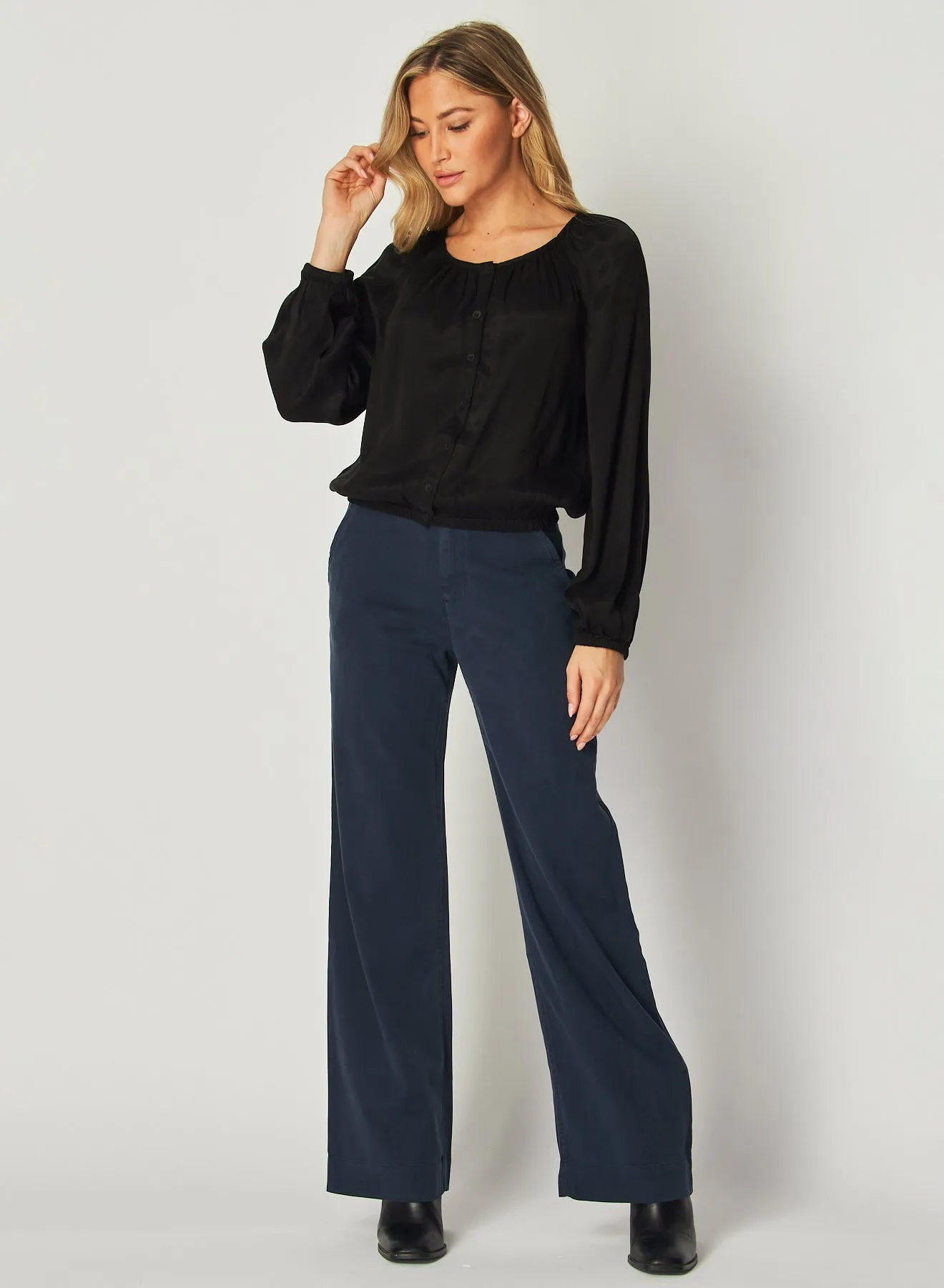 Shirred Button Front Blouse - Black