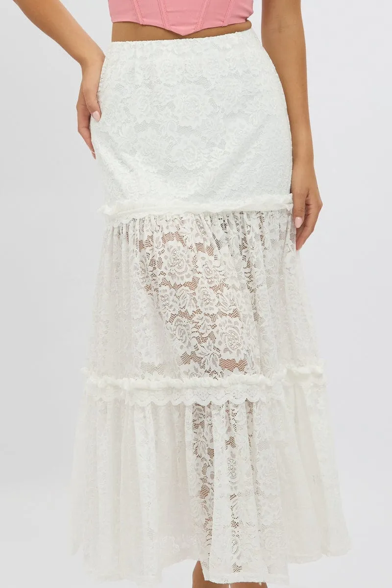 White Lace Maxi Skirt Elastic Waist Tiered Lined