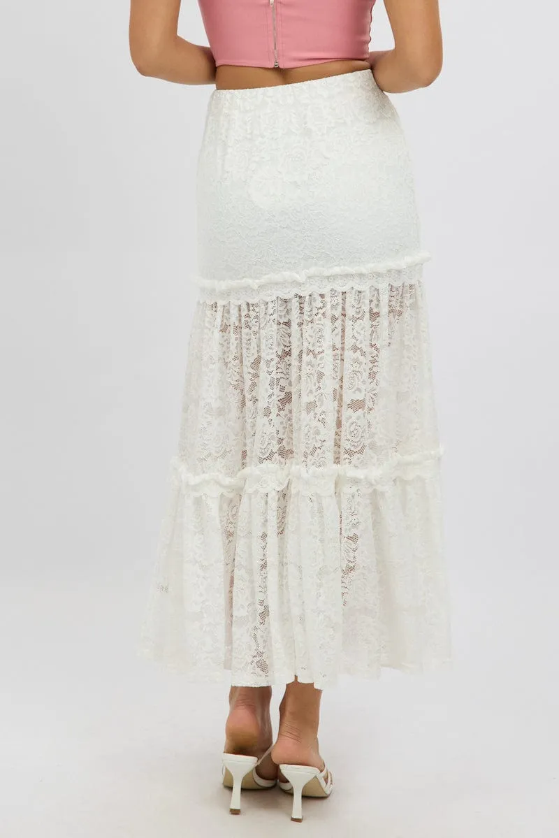 White Lace Maxi Skirt Elastic Waist Tiered Lined
