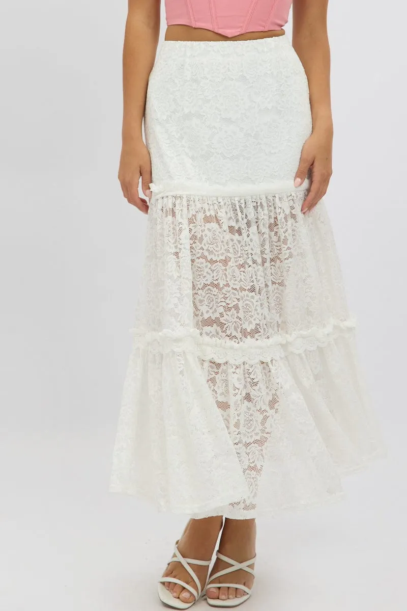 White Lace Maxi Skirt Elastic Waist Tiered Lined