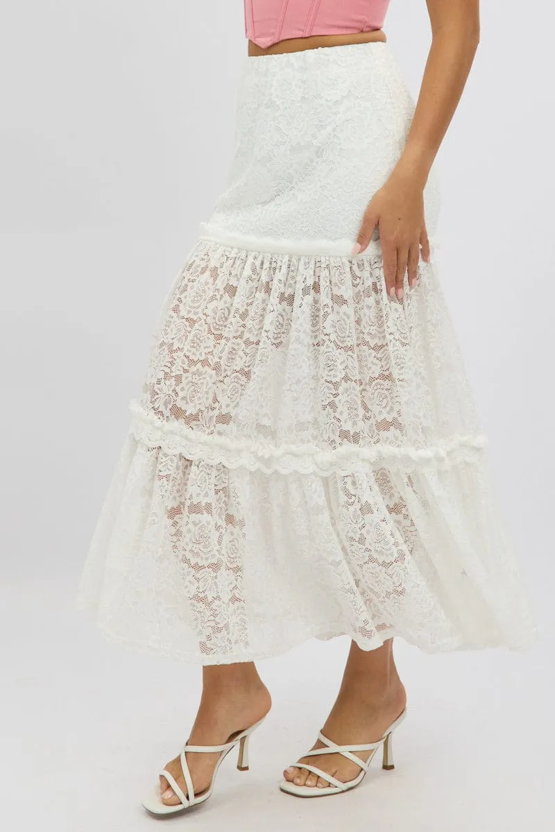 White Lace Maxi Skirt Elastic Waist Tiered Lined