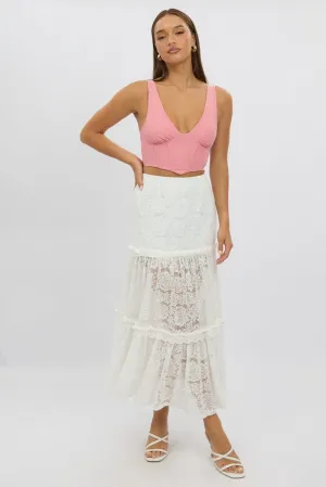 White Lace Maxi Skirt Elastic Waist Tiered Lined