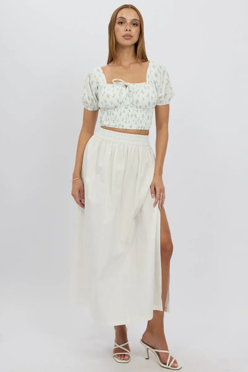 White Maxi Skirt Shirred Waist Relaxed Fit