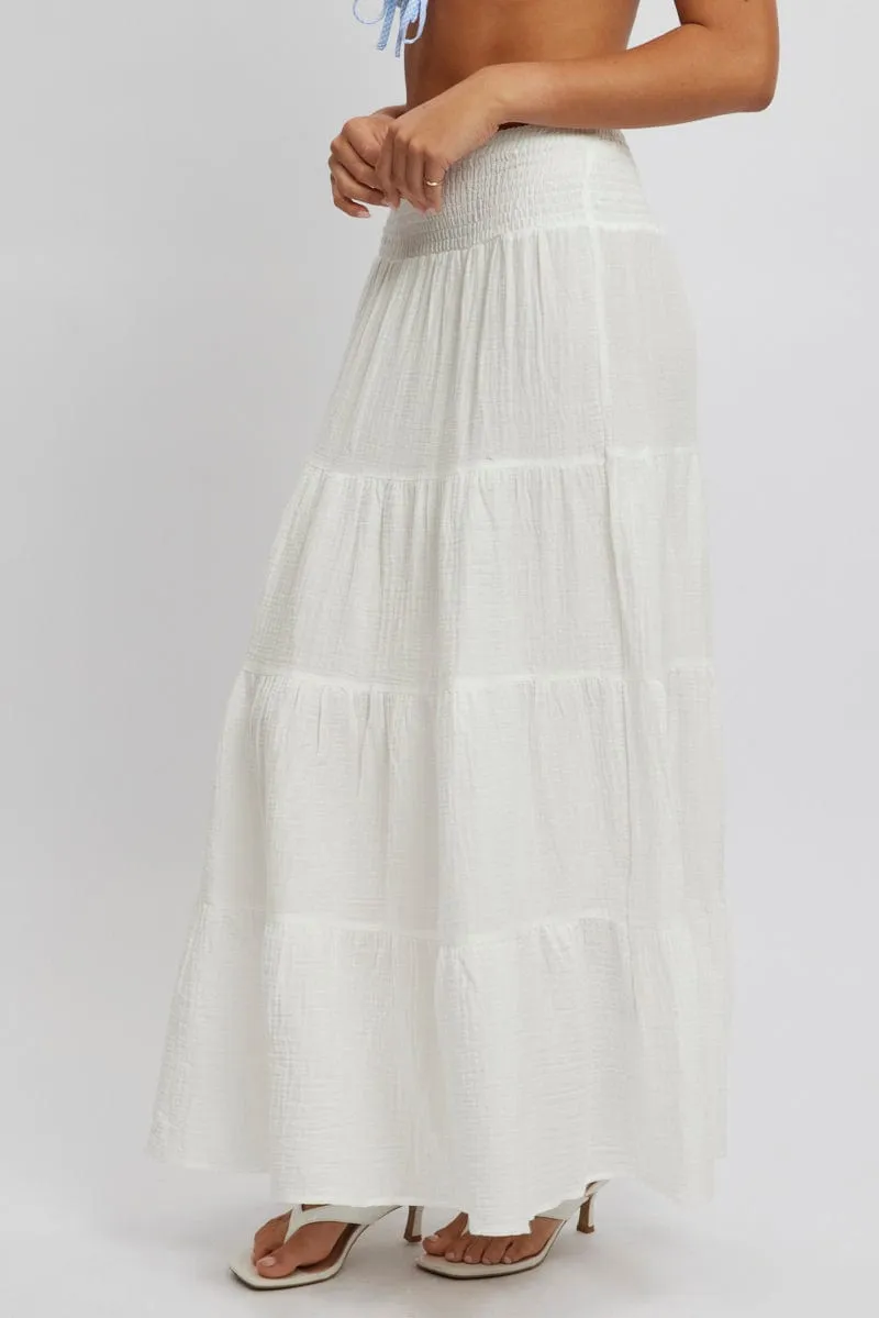 White Maxi Skirt Shirred Waist Tiered Relaxed Fit