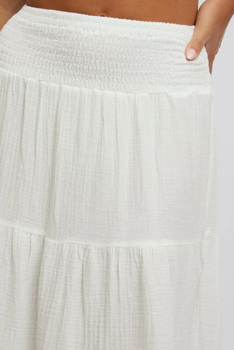 White Maxi Skirt Shirred Waist Tiered Relaxed Fit
