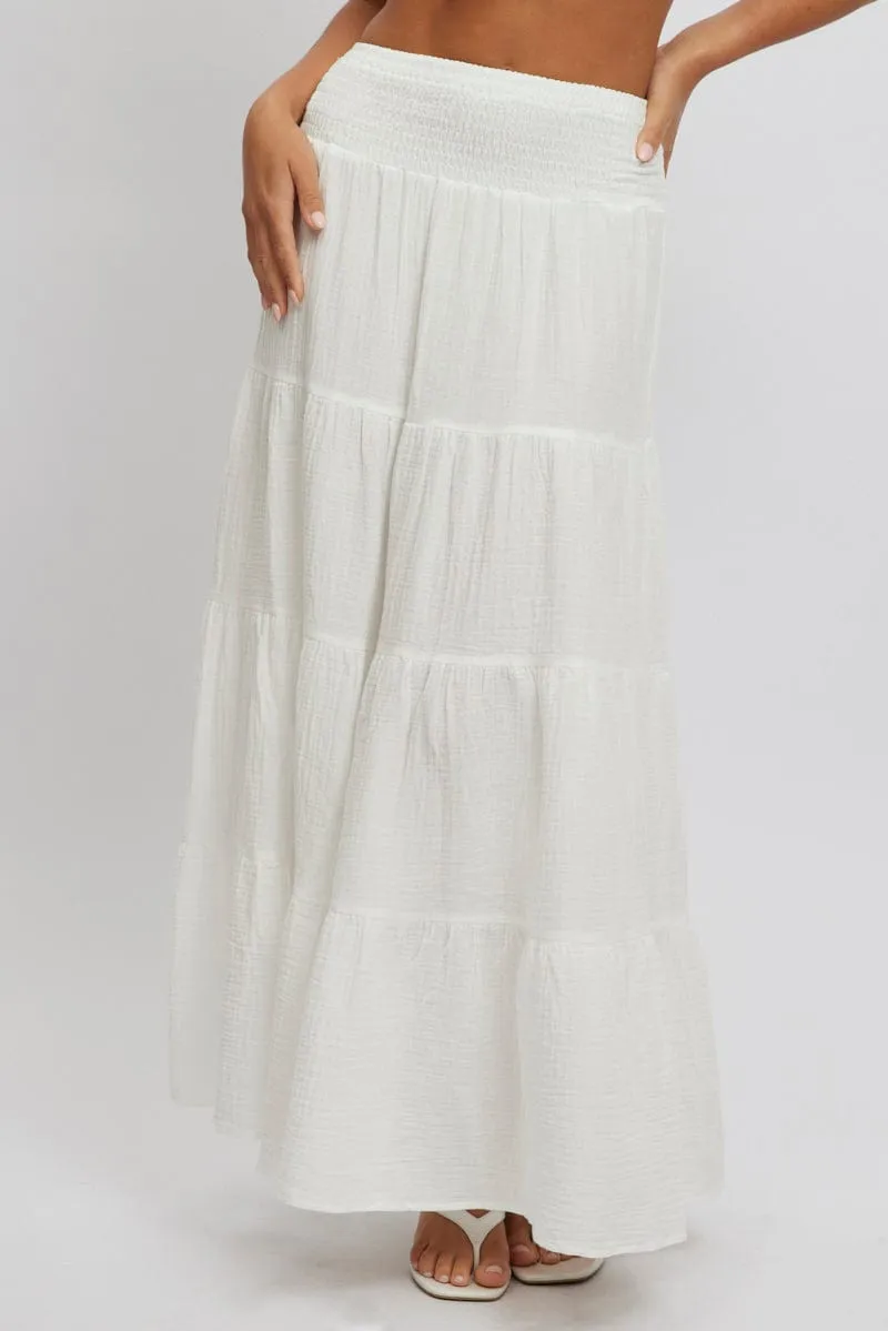 White Maxi Skirt Shirred Waist Tiered Relaxed Fit