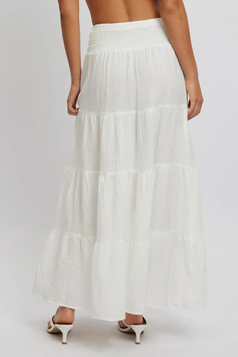 White Maxi Skirt Shirred Waist Tiered Relaxed Fit