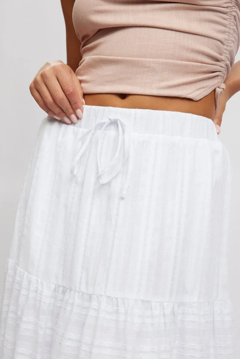 White Tiered Maxi Skirt High Rise Elastic Waist Lined
