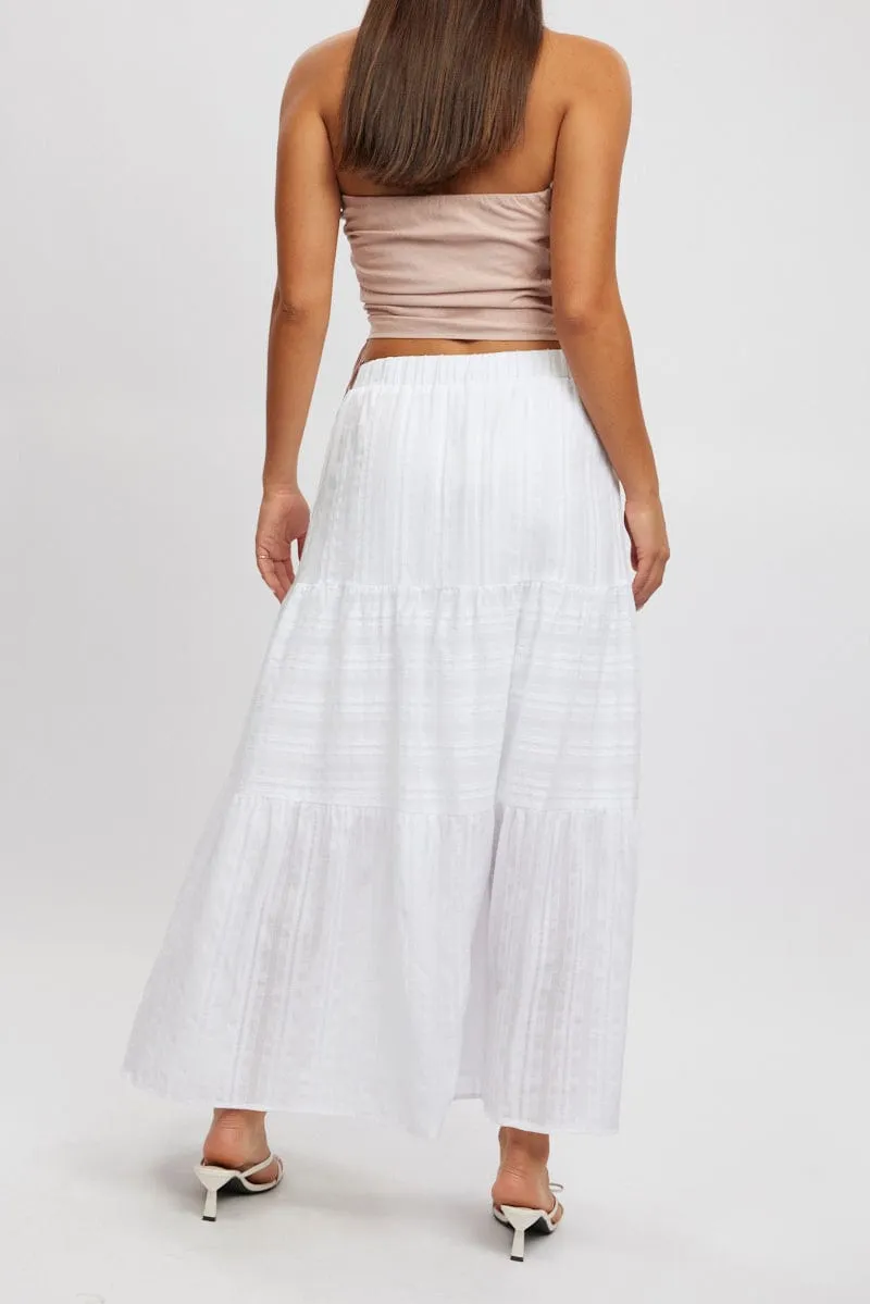 White Tiered Maxi Skirt High Rise Elastic Waist Lined