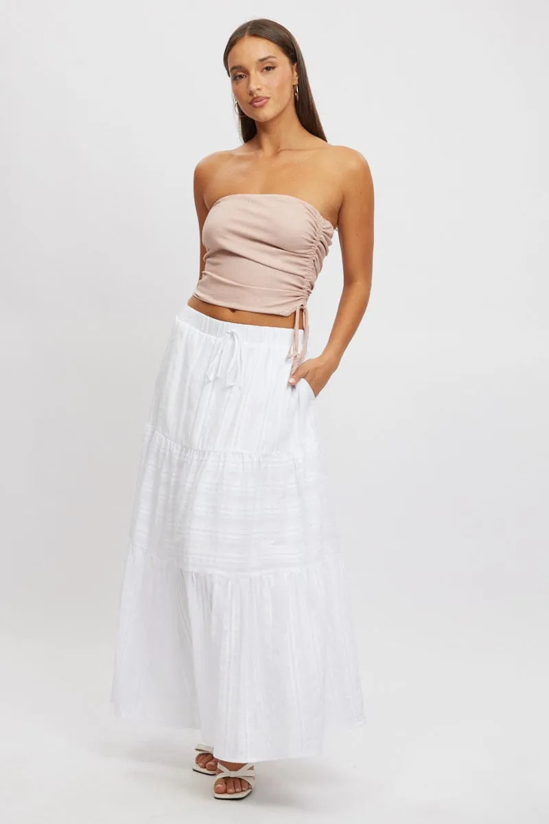 White Tiered Maxi Skirt High Rise Elastic Waist Lined