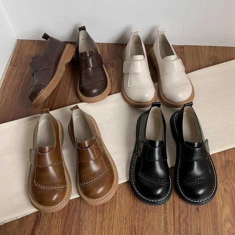 Women Trendy Retro Round Toe Leather Casual Shoes