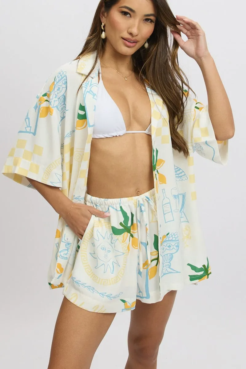 Yellow Abstract Relaxed Shorts Mid Rise