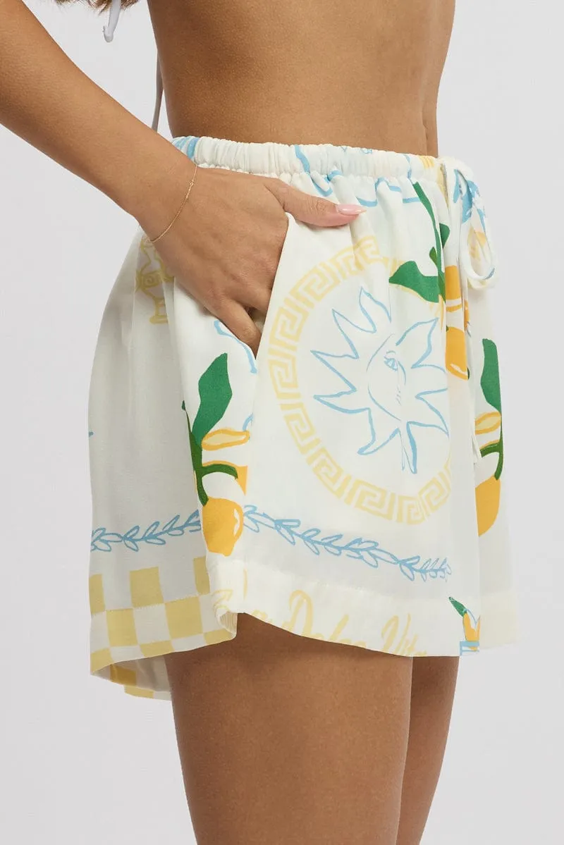 Yellow Abstract Relaxed Shorts Mid Rise
