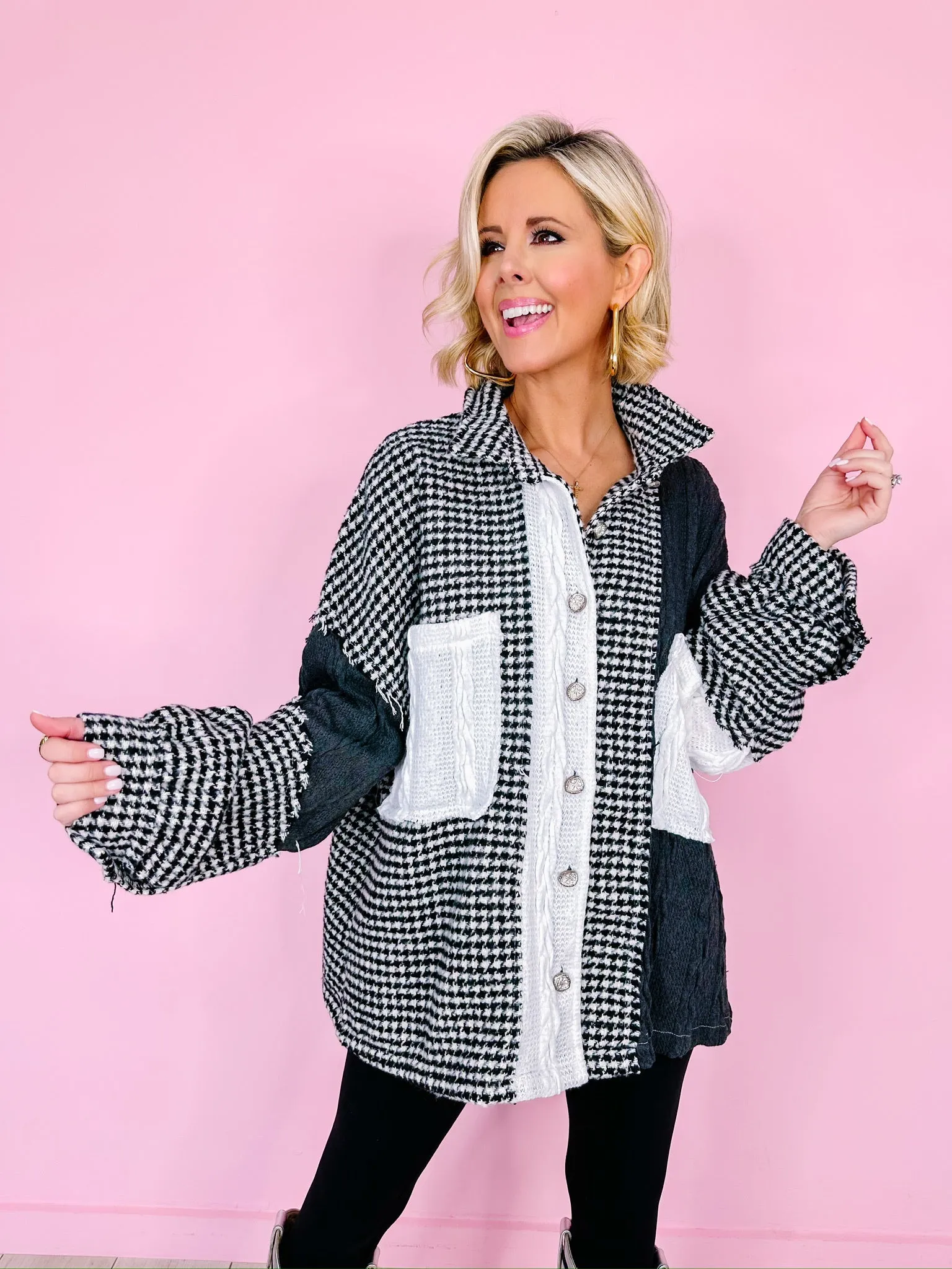 ZOE HOUNDSTOOTH SHACKET - BLACK