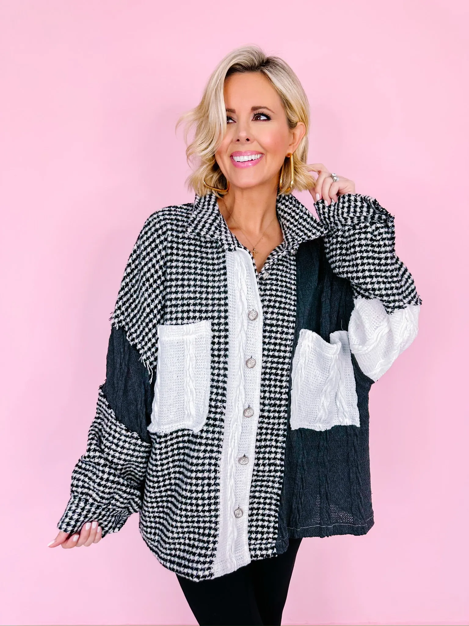 ZOE HOUNDSTOOTH SHACKET - BLACK