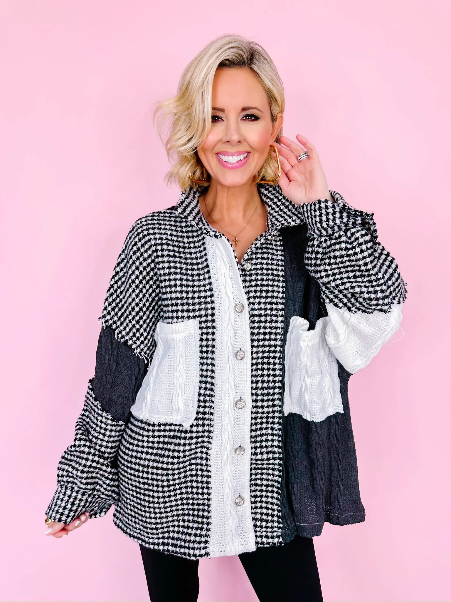 ZOE HOUNDSTOOTH SHACKET - BLACK